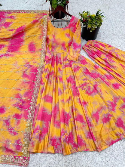 Designer Vichitra Silk Gown with Dupatta & Plazzo | Digital Print & Embroidery Sequin Work | Ready to Wear