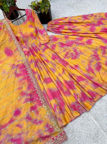 Designer Vichitra Silk Gown with Dupatta & Plazzo | Digital Print & Embroidery Sequin Work | Ready to Wear