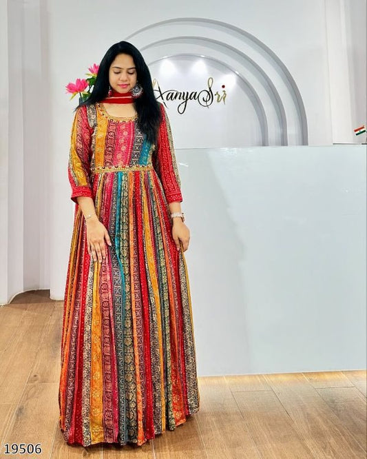 Elegant Chinon Handwork Gown with Dupatta – Printed Party Wear Set