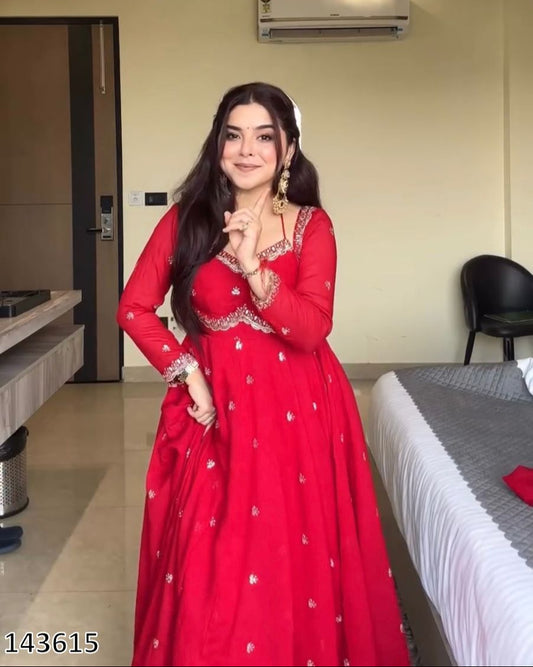 Karwa Chauth Special Red Anarkali Suit Set | 3-Piece Ethnic Party Wear Dress with Pant & Dupatta