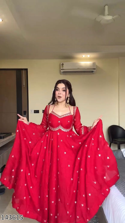 Karwa Chauth Special Red Anarkali Suit Set | 3-Piece Ethnic Party Wear Dress with Pant & Dupatta