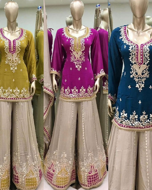 Elegant Faux Georgette Embroidered Sharara Set with Dupatta | Party Wear for Women | Fully Stitched