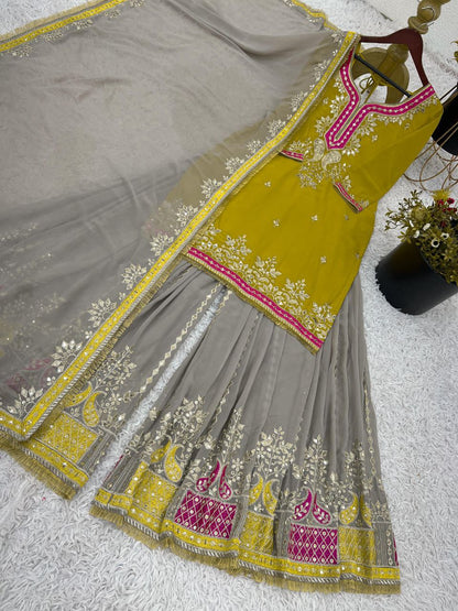 Elegant Faux Georgette Embroidered Sharara Set with Dupatta | Party Wear for Women | Fully Stitched