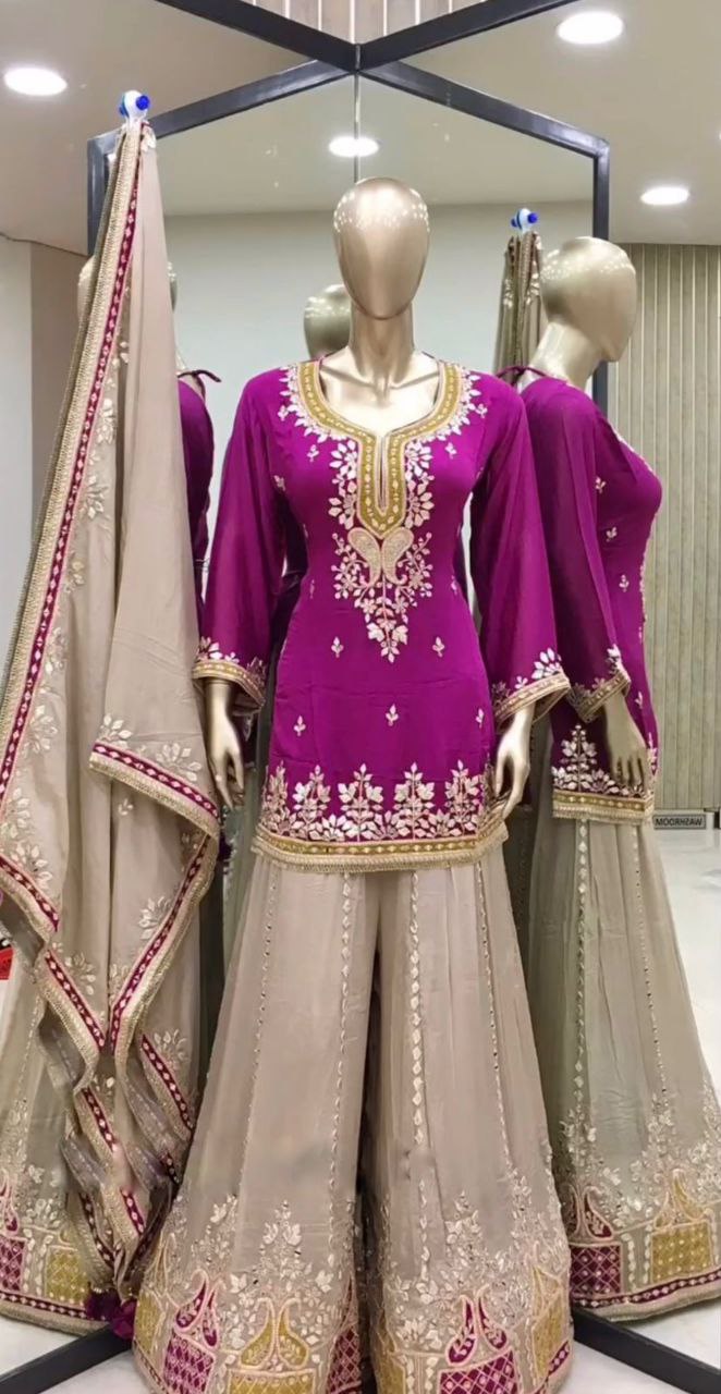 Elegant Faux Georgette Embroidered Sharara Set with Dupatta | Party Wear for Women | Fully Stitched