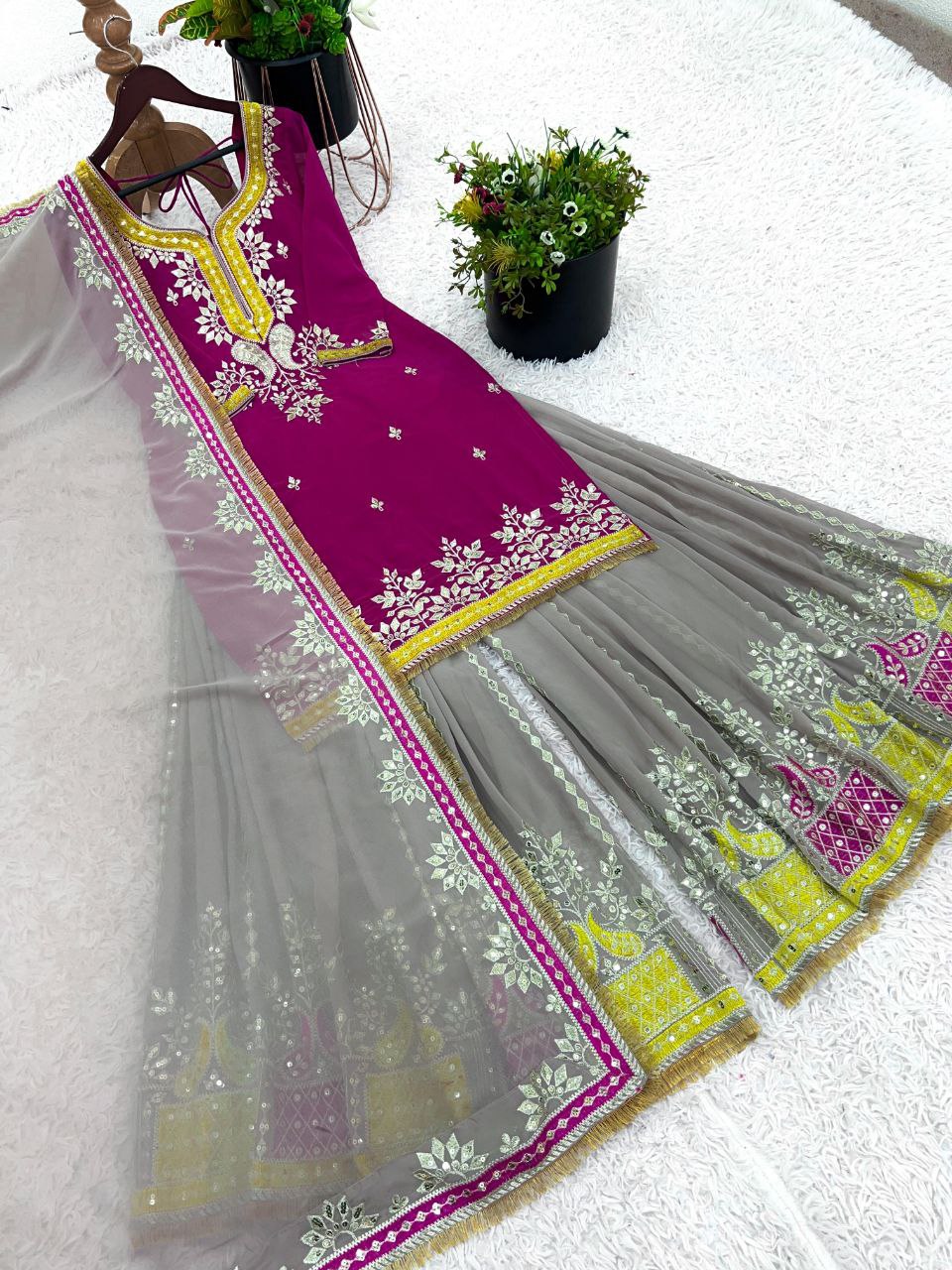 Elegant Faux Georgette Embroidered Sharara Set with Dupatta | Party Wear for Women | Fully Stitched