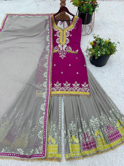 Elegant Faux Georgette Embroidered Sharara Set with Dupatta | Party Wear for Women | Fully Stitched