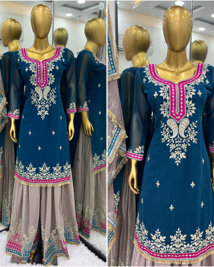 Elegant Faux Georgette Embroidered Sharara Set with Dupatta | Party Wear for Women | Fully Stitched
