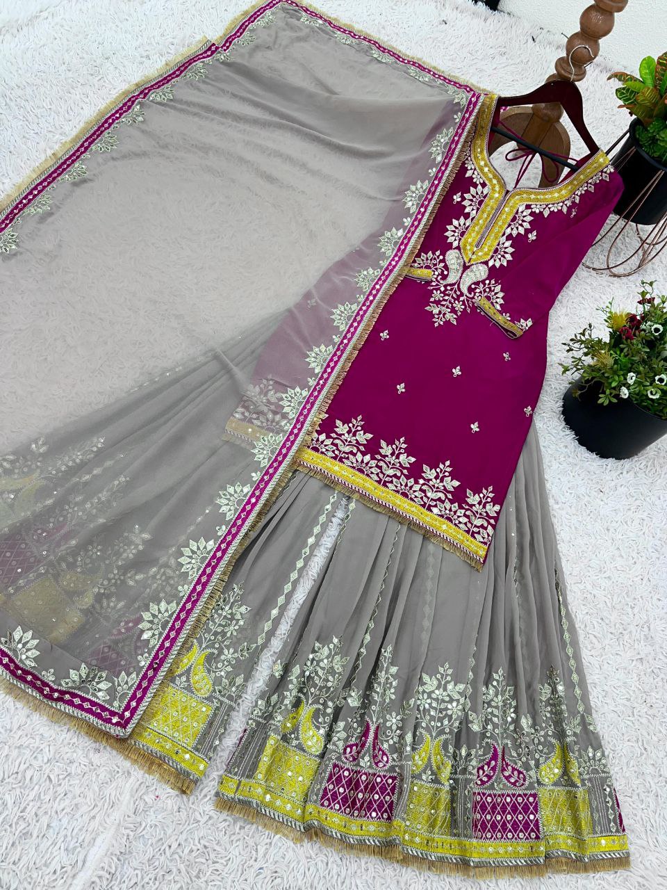 Elegant Faux Georgette Embroidered Sharara Set with Dupatta | Party Wear for Women | Fully Stitched