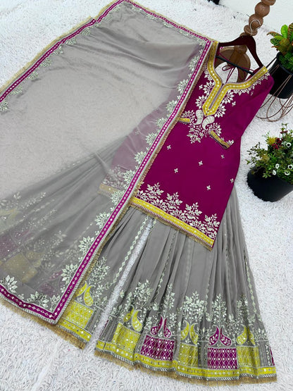 Elegant Faux Georgette Embroidered Sharara Set with Dupatta | Party Wear for Women | Fully Stitched