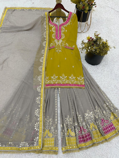 Elegant Faux Georgette Embroidered Sharara Set with Dupatta | Party Wear for Women | Fully Stitched