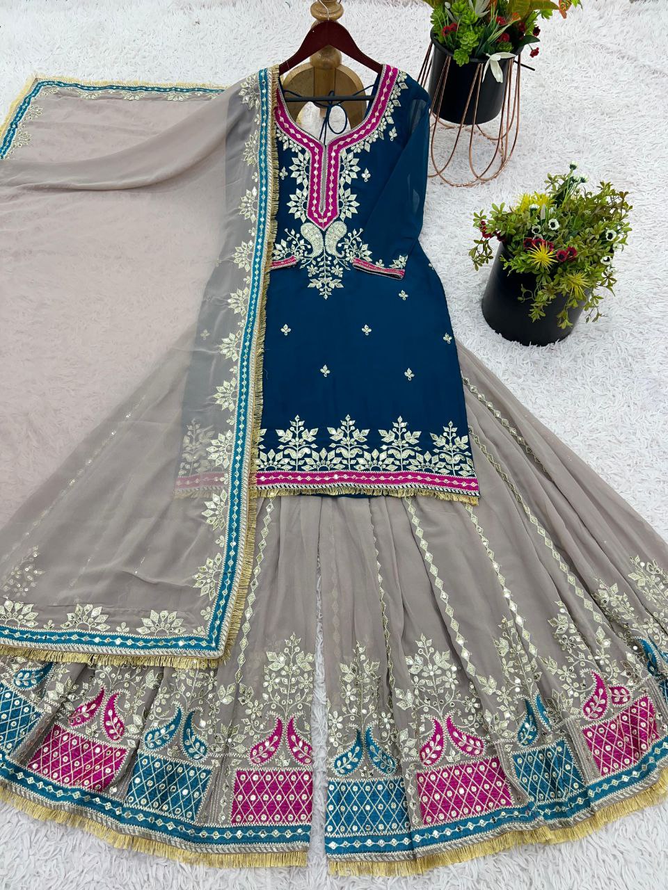 Elegant Faux Georgette Embroidered Sharara Set with Dupatta | Party Wear for Women | Fully Stitched