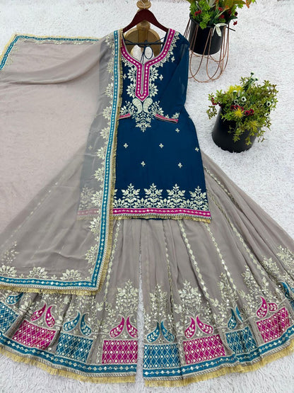 Elegant Faux Georgette Embroidered Sharara Set with Dupatta | Party Wear for Women | Fully Stitched