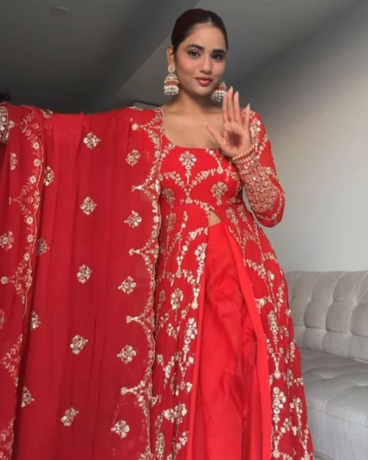 Red Gown Suit Dress For Karwa Chauth: Elegant Fox Georgette Party Wear Suit with Thread & Sequence Work