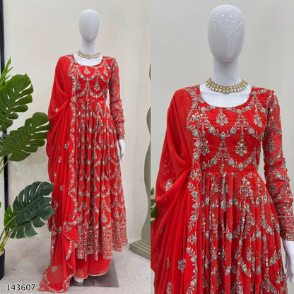 Red Gown Suit Dress For Karwa Chauth: Elegant Fox Georgette Party Wear Suit with Thread & Sequence Work