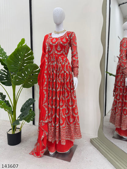 Red Gown Suit Dress For Karwa Chauth: Elegant Fox Georgette Party Wear Suit with Thread & Sequence Work