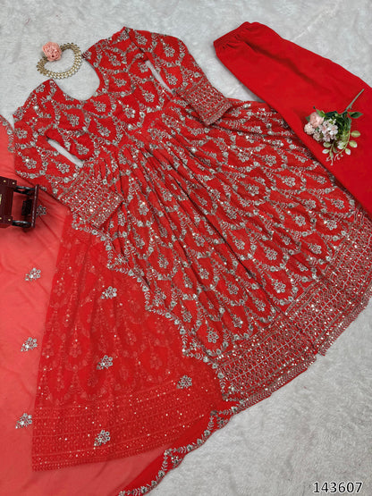 Red Gown Suit Dress For Karwa Chauth: Elegant Fox Georgette Party Wear Suit with Thread & Sequence Work
