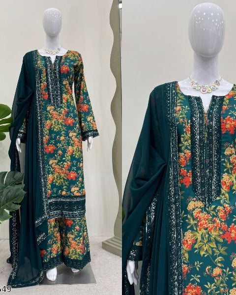 Elegant French Silk Kurti Pant Dupatta Set – Digital Print with Thread & Sequence Work