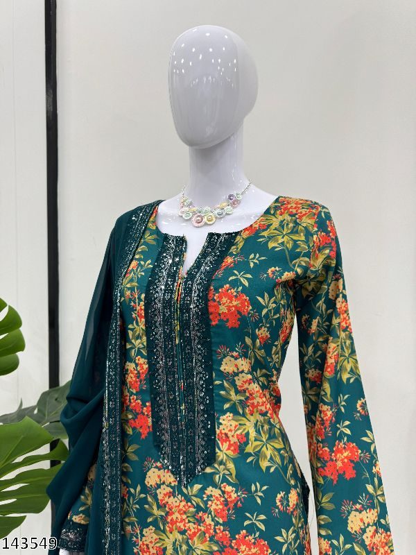 Elegant French Silk Kurti Pant Dupatta Set – Digital Print with Thread & Sequence Work