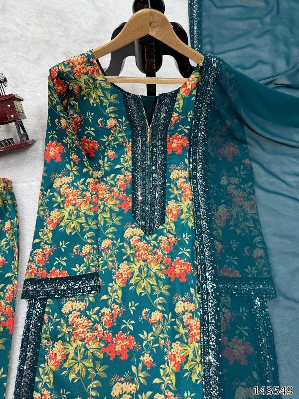 Elegant French Silk Kurti Pant Dupatta Set – Digital Print with Thread & Sequence Work