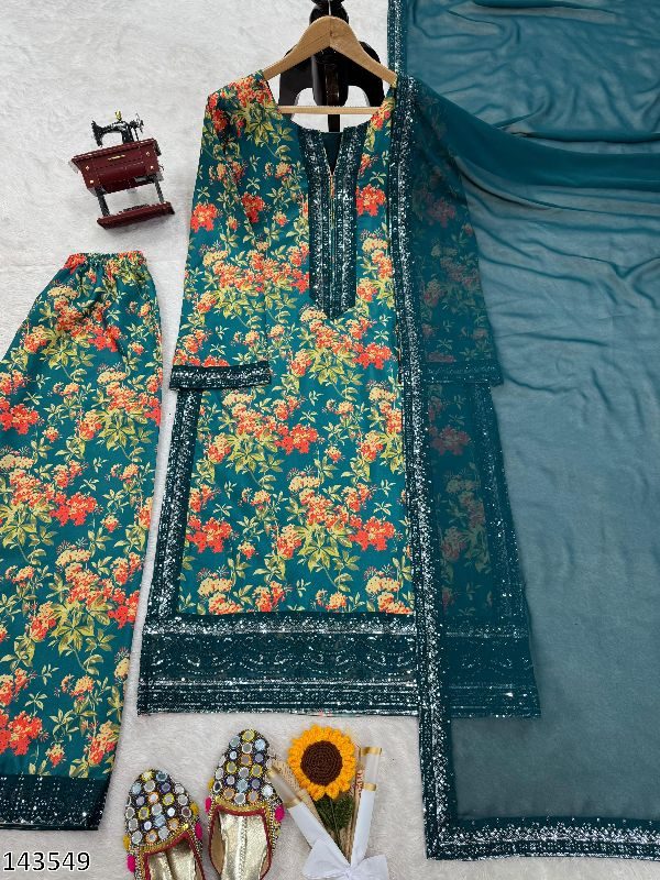 Elegant French Silk Kurti Pant Dupatta Set – Digital Print with Thread & Sequence Work