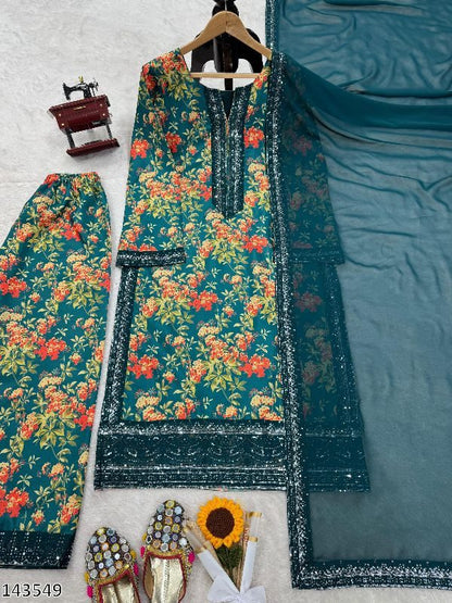 Elegant French Silk Kurti Pant Dupatta Set – Digital Print with Thread & Sequence Work