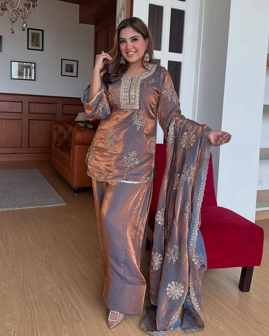 Premium 3-piece Ethnic Set: Heavy Fendy Silk Embroidered Grey Kurti Plazzo & Dupatta Set