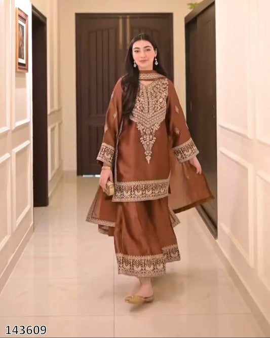 Elegant Natural Crepe Party Wear Suit Set – Chinestich Work with Dupatta