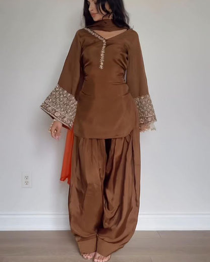 Elegant Natural Satin Silk Embroidered Suit Set with Farshi Pant & Dupatta