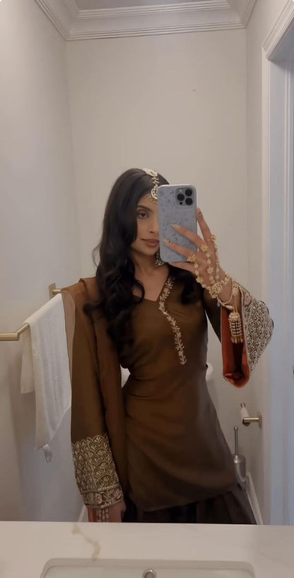 Elegant Natural Satin Silk Embroidered Suit Set with Farshi Pant & Dupatta