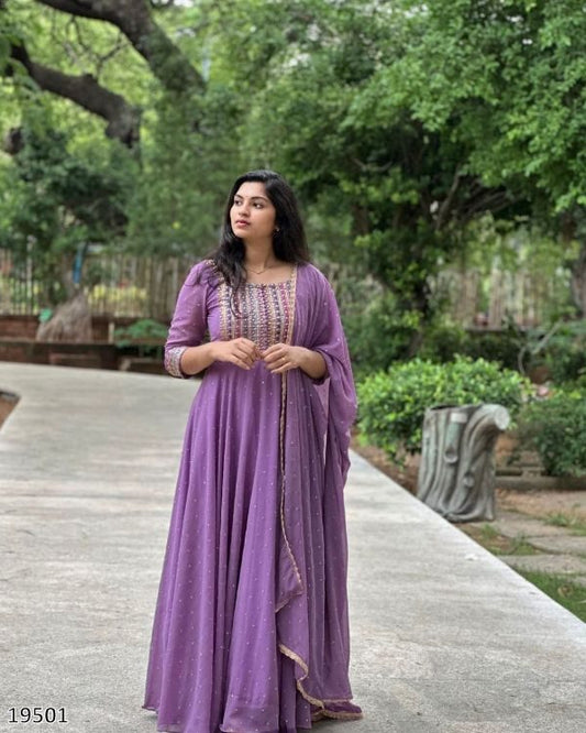 Elegant Purple Fox Georgette Embroidered Gown Set with Lace Dupatta