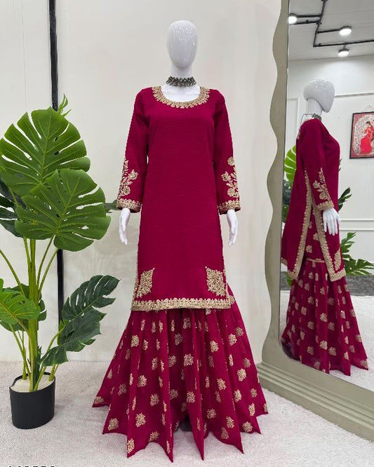 Elegant Red Kurti Sharara Set in Crunchy Silk
