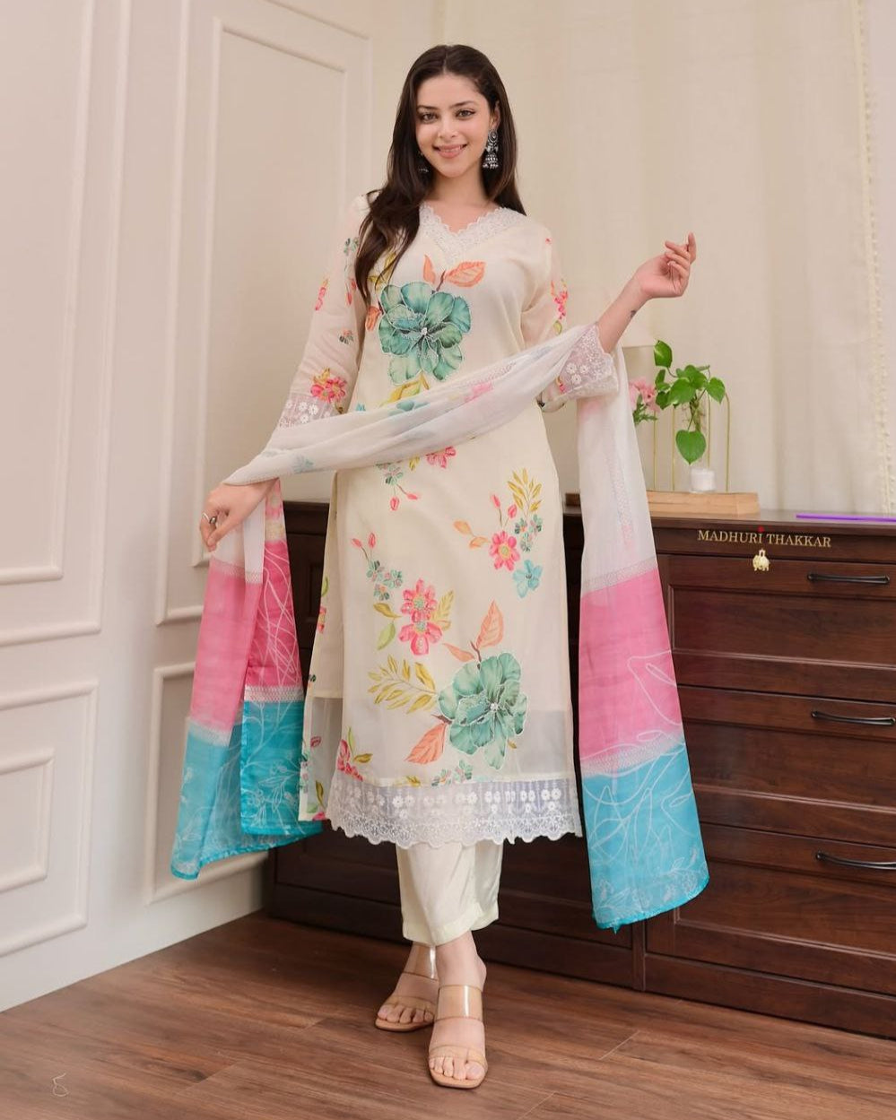 Elegant Reshmi Organza Dupatta Pant Set with Handwork Neck Design