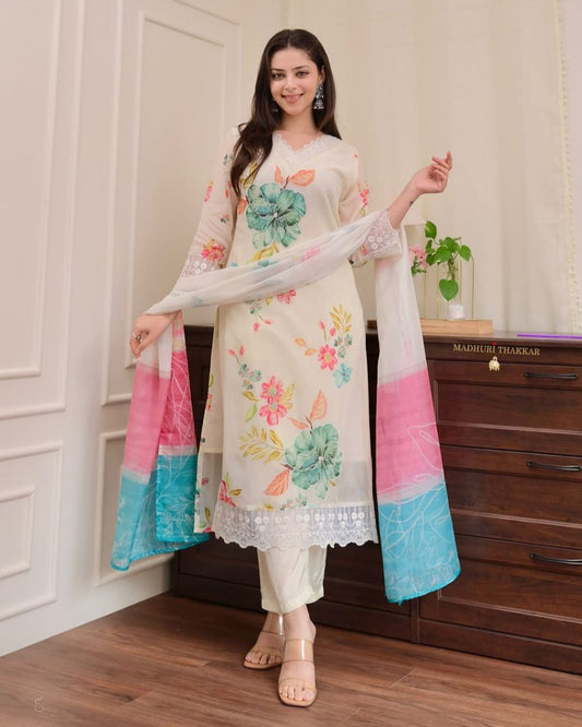 Elegant Reshmi Organza Dupatta Pant Set with Handwork Neck Design