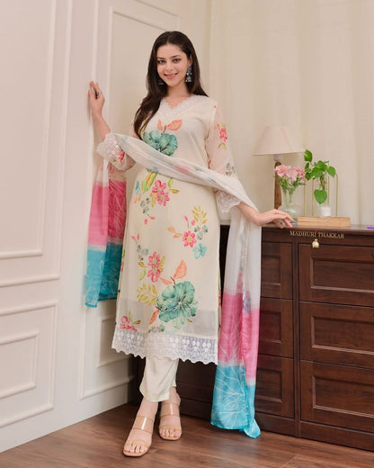 Elegant Reshmi Organza Dupatta Pant Set with Handwork Neck Design
