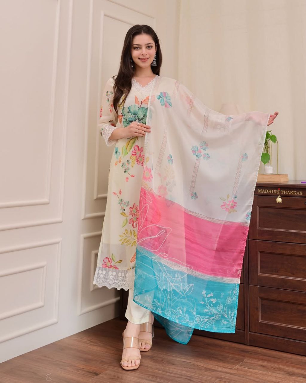 Elegant Reshmi Organza Dupatta Pant Set with Handwork Neck Design
