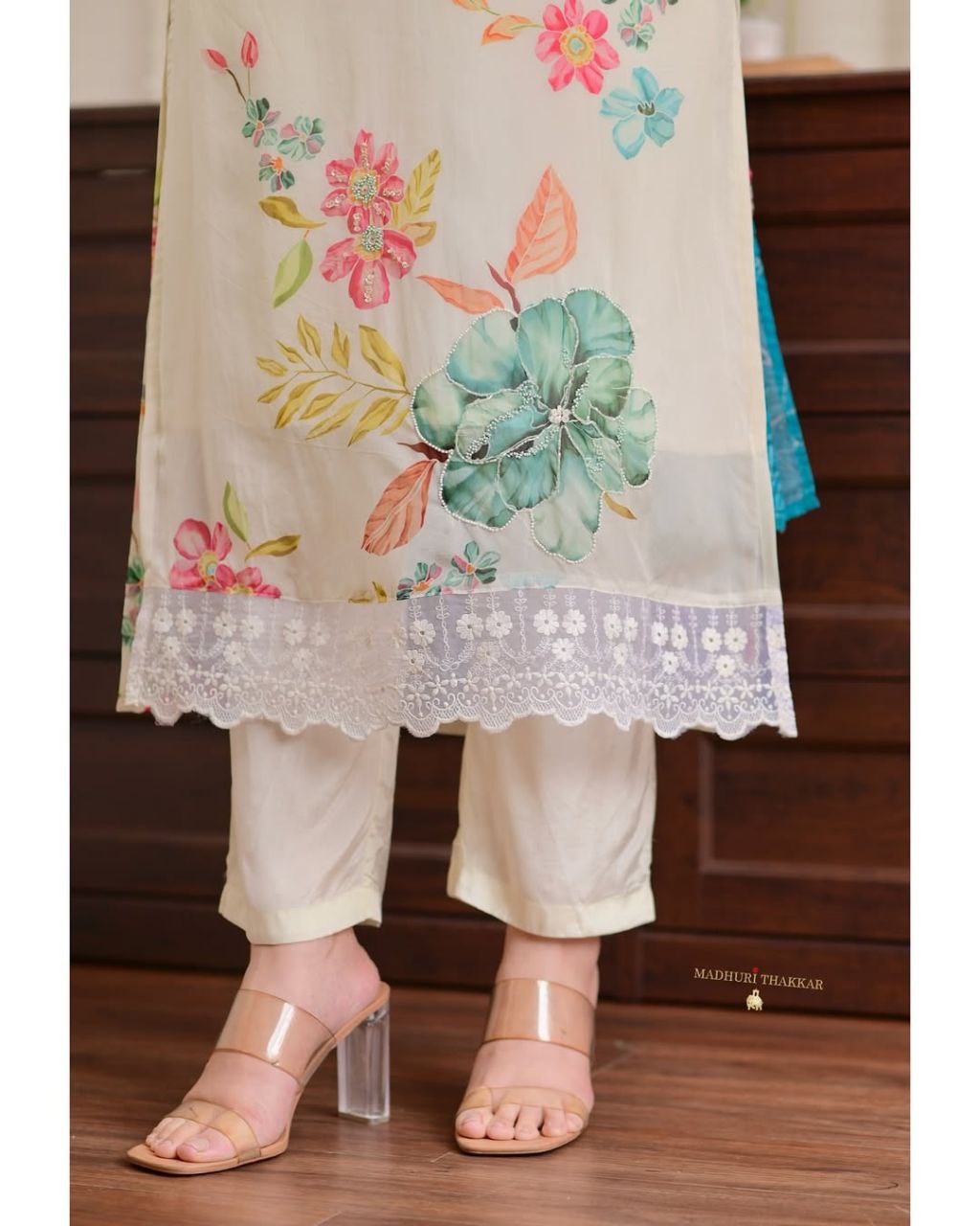 Elegant Reshmi Organza Dupatta Pant Set with Handwork Neck Design