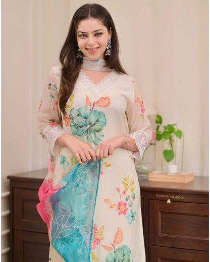 Elegant Reshmi Organza Dupatta Pant Set with Handwork Neck Design