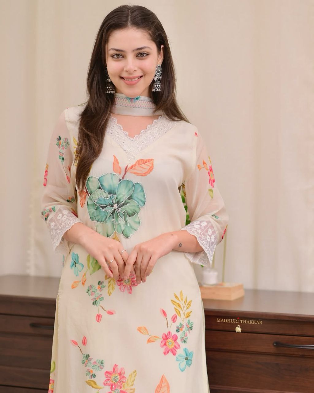 Elegant Reshmi Organza Dupatta Pant Set with Handwork Neck Design