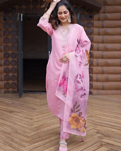 Elegant Roman Silk Kurti Pant Dupatta Set for Women | Embroidered Party Wear Suit with Digital Print Dupatta