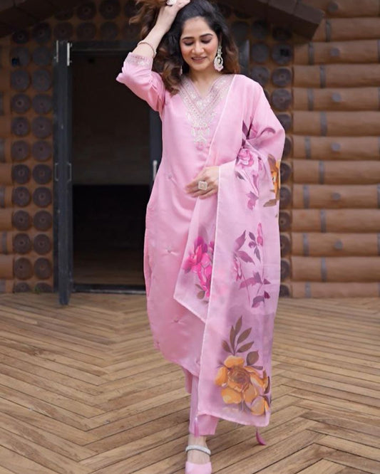 Elegant Roman Silk Kurti Pant Dupatta Set for Women | Embroidered Party Wear Suit with Digital Print Dupatta