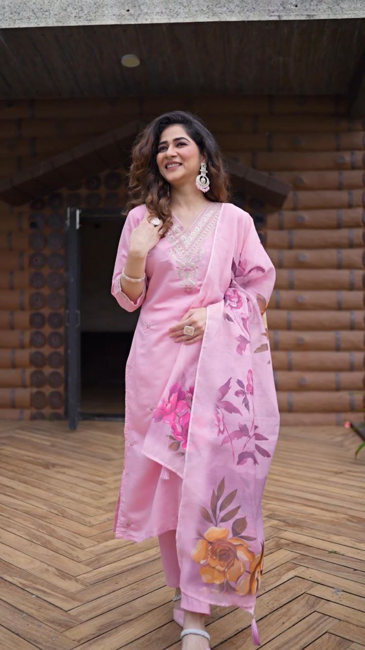 Elegant Roman Silk Kurti Pant Dupatta Set for Women | Embroidered Party Wear Suit with Digital Print Dupatta