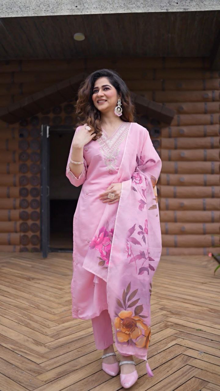 Elegant Roman Silk Kurti Pant Dupatta Set for Women | Embroidered Party Wear Suit with Digital Print Dupatta