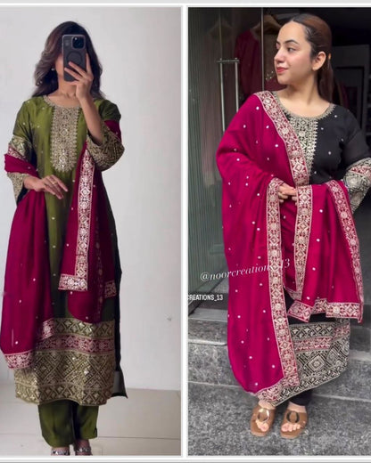 Elegant Vichitra Silk Top-Pant & Dupatta Set – Fully Stitched & Ready to Wear