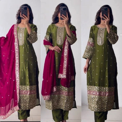 Elegant Vichitra Silk Top-Pant & Dupatta Set – Fully Stitched & Ready to Wear