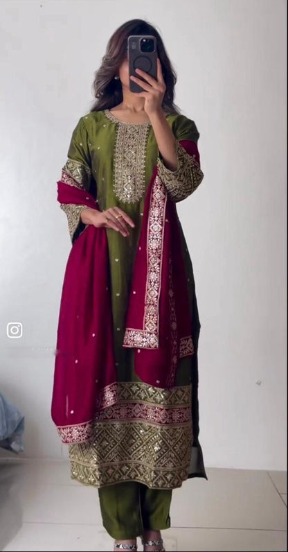 Elegant Vichitra Silk Top-Pant & Dupatta Set – Fully Stitched & Ready to Wear