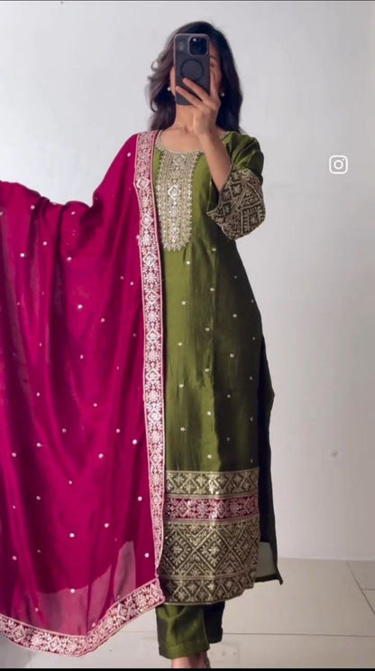 Elegant Vichitra Silk Top-Pant & Dupatta Set – Fully Stitched & Ready to Wear