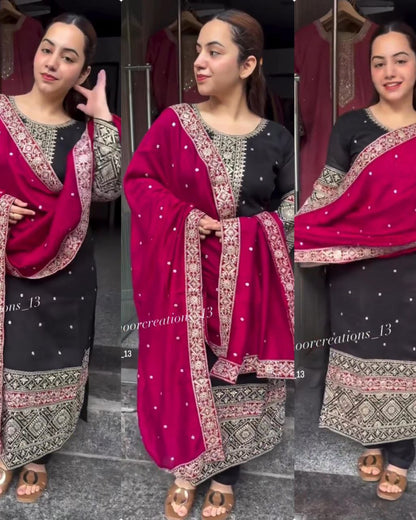 Elegant Vichitra Silk Top-Pant & Dupatta Set – Fully Stitched & Ready to Wear