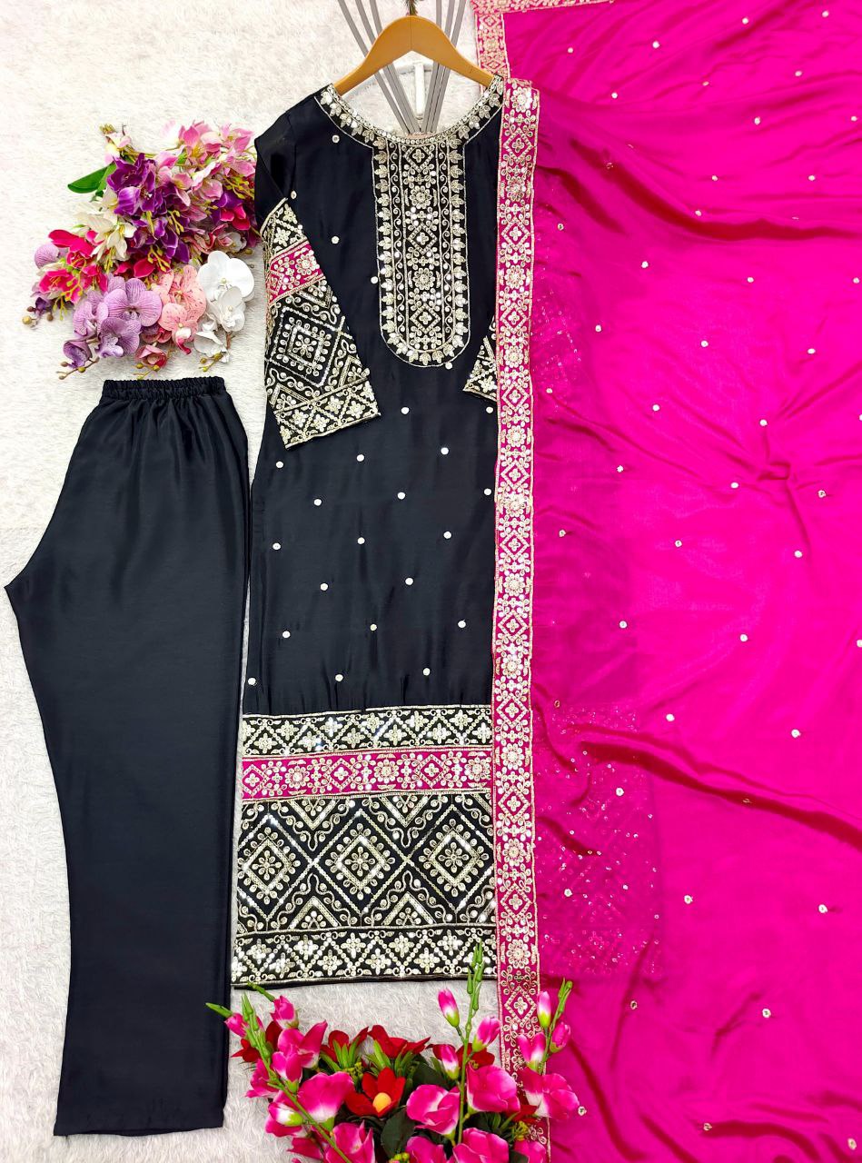 Elegant Vichitra Silk Top-Pant & Dupatta Set – Fully Stitched & Ready to Wear