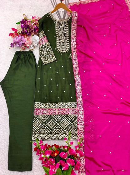 Elegant Vichitra Silk Top-Pant & Dupatta Set – Fully Stitched & Ready to Wear