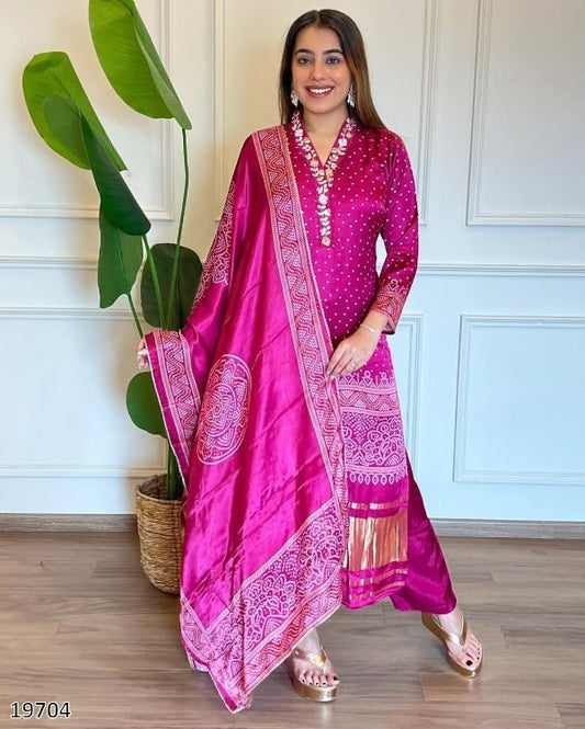 Elegant Chinon Silk Kurti Pant Dupatta Set